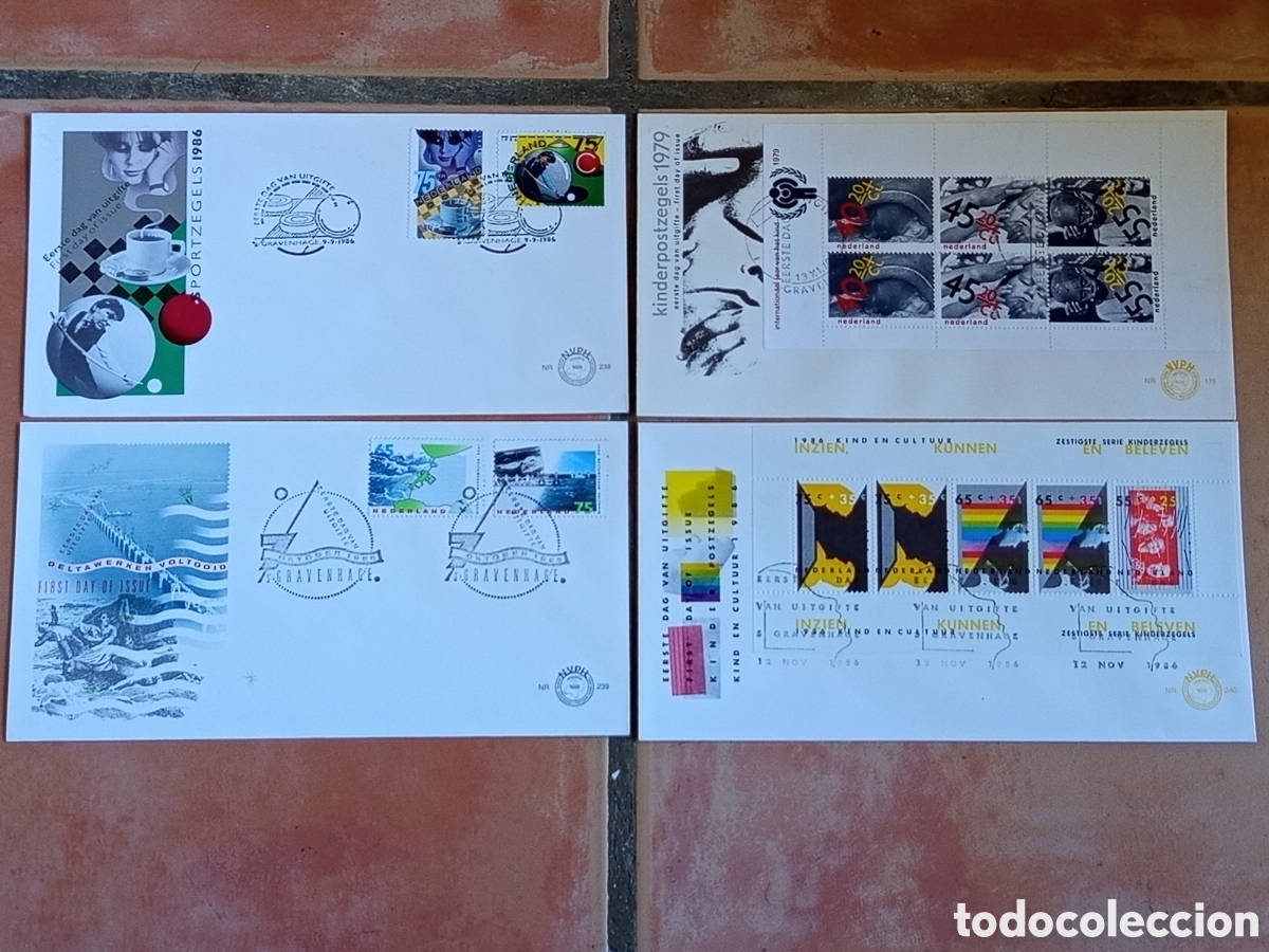 Sellos: Lote 4 Sobres FDC Pa&iacute;ses Bajos 1979-1986 (NVPH 179, 238, 239, 240)