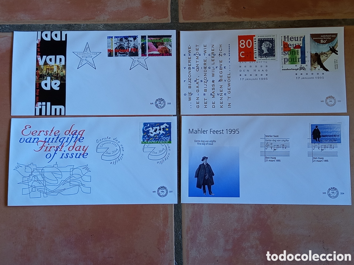 Sellos: Lote 4 Sobres FDC Pa&iacute;ses Bajos 1995 (NVPH 331, 332, 333, 334)