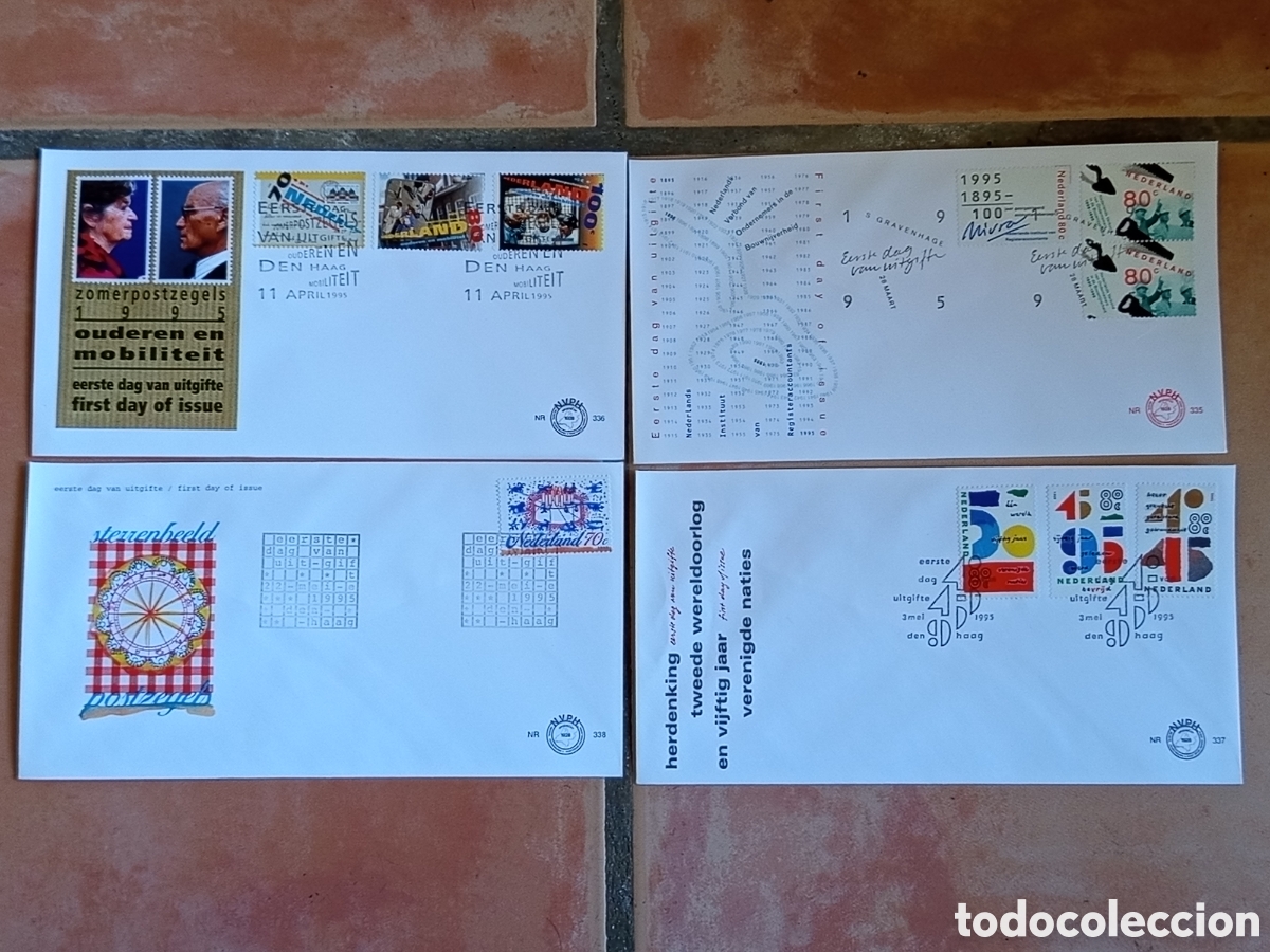 Sellos: Lote 4 Sobres FDC Pa&iacute;ses Bajos 1995 (NVPH 335, 336, 337, 338)