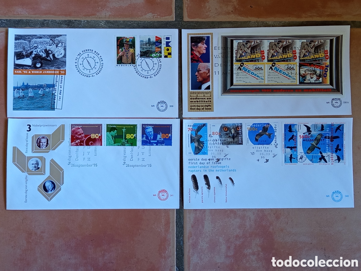 Sellos: Lote 4 Sobres FDC Pa&iacute;ses Bajos 1995 (NVPH 336A, 339, 340, 341)