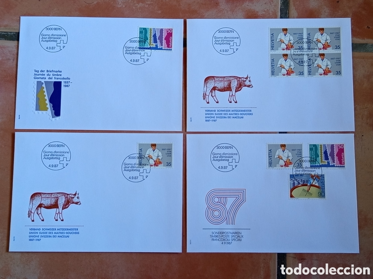 Sellos: Lote 4 Sobres FDC Suiza / Helvetia 1987 (Tag der Briefmarke, Metzgermeister)