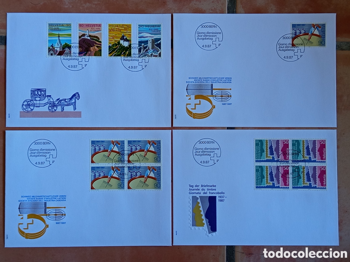 Sellos: Lote 4 Sobres FDC Suiza / Helvetia 1987 (Tourismus, Milchwirtschaft)