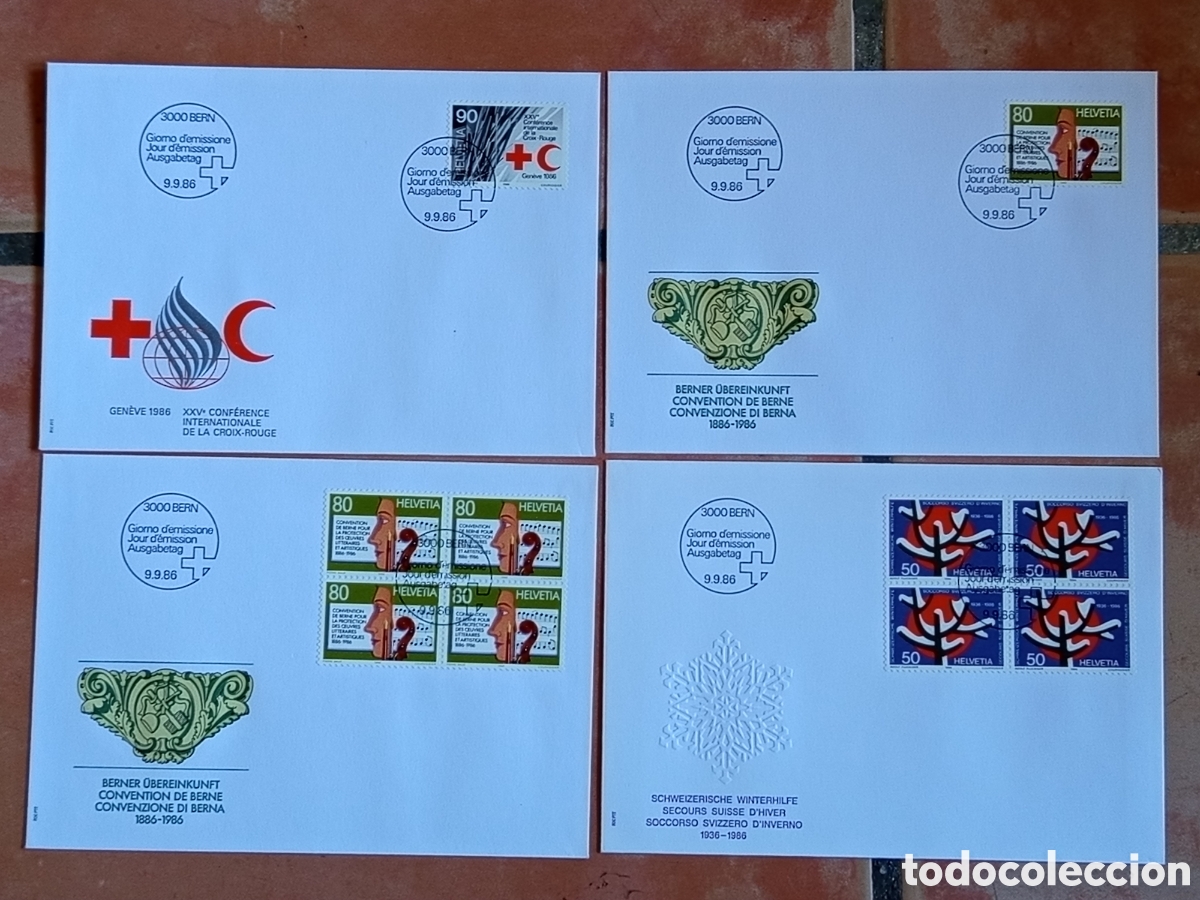 Sellos: Lote 4 Sobres FDC Suiza / Helvetia 1986 (Croix-Rouge, Berner &Uuml;bereinkunft, Winterhilfe)