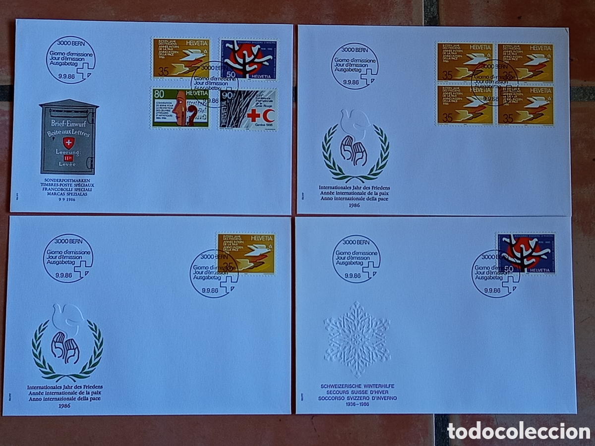 Sellos: Lote 4 Sobres FDC Suiza / Helvetia 1986 (Internationales Jahr des Friedens, Winterhilfe)