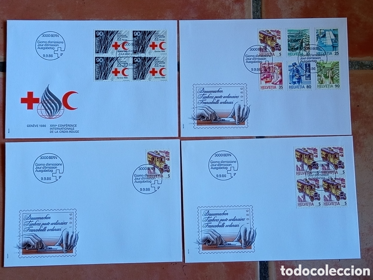Sellos: Lote 4 Sobres FDC Suiza / Helvetia 1986 (Croix-Rouge, Dauermarken)