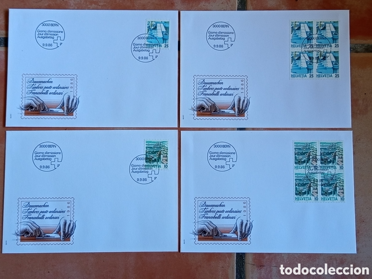Sellos: Lote 4 Sobres FDC Suiza / Helvetia 1986 (Dauermarken 10c y 25c)