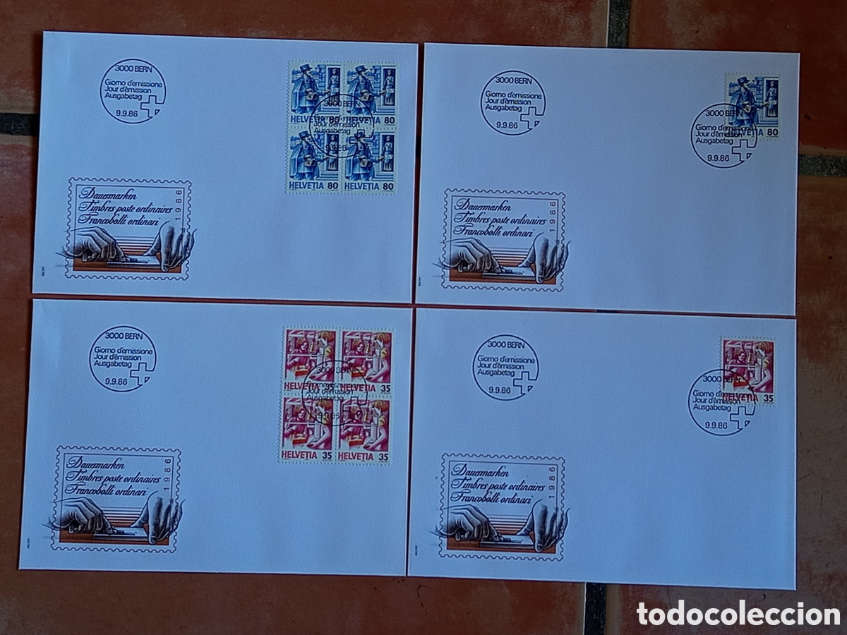 Sellos: Lote 4 Sobres FDC Suiza / Helvetia 1986 (Dauermarken 35c y 80c)