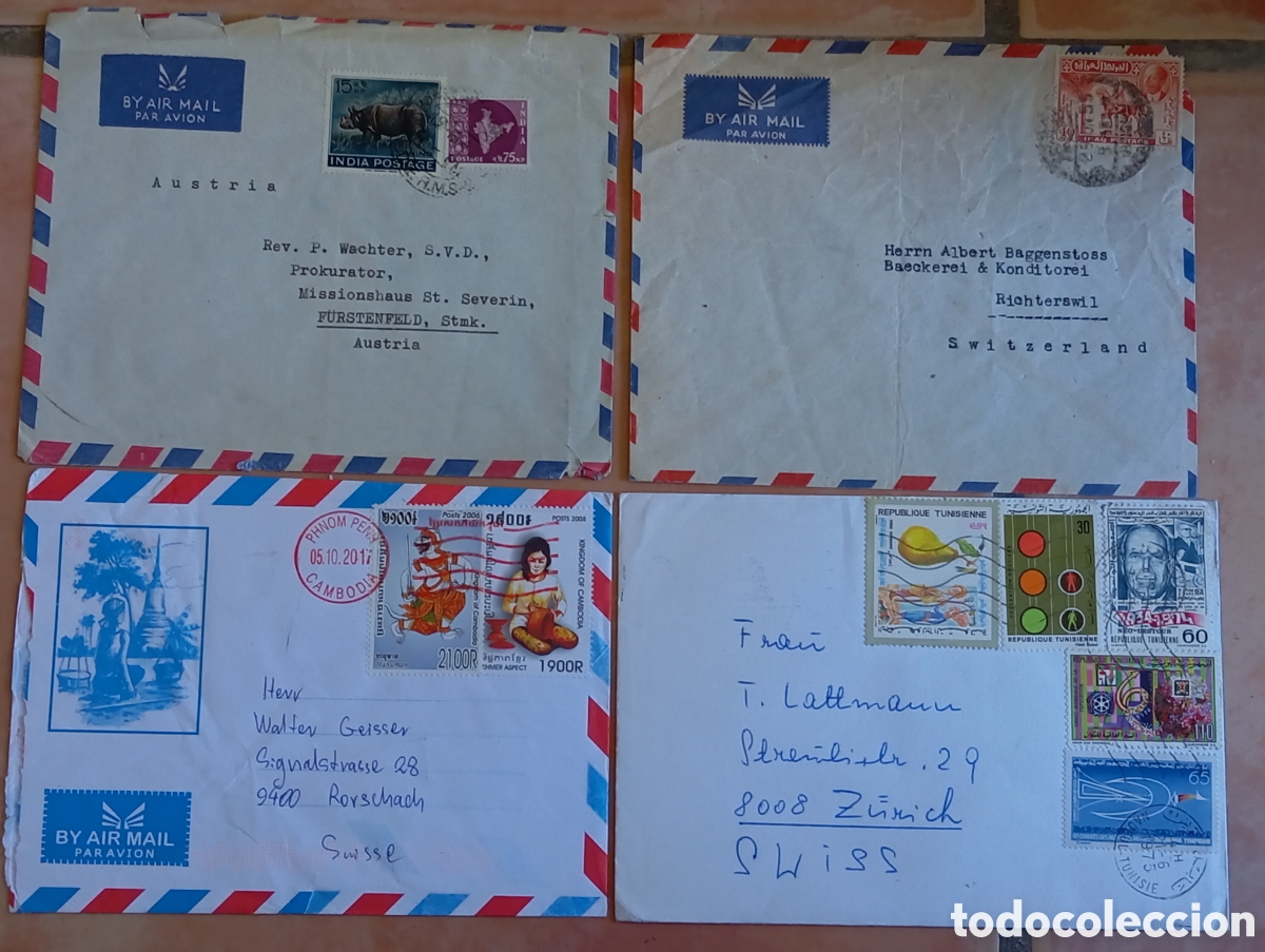 Sellos: Lote 4 Sobres Correo A&eacute;reo Internacional Circulados Vintage (1955-2017)