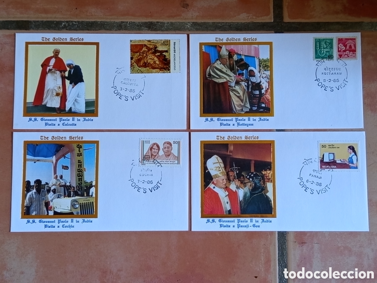 Timbres: Lote 4 Sobres Primer D&iacute;a FDC Papa Juan Pablo II Visita India 1986 &rdquo;Golden Series&rdquo;