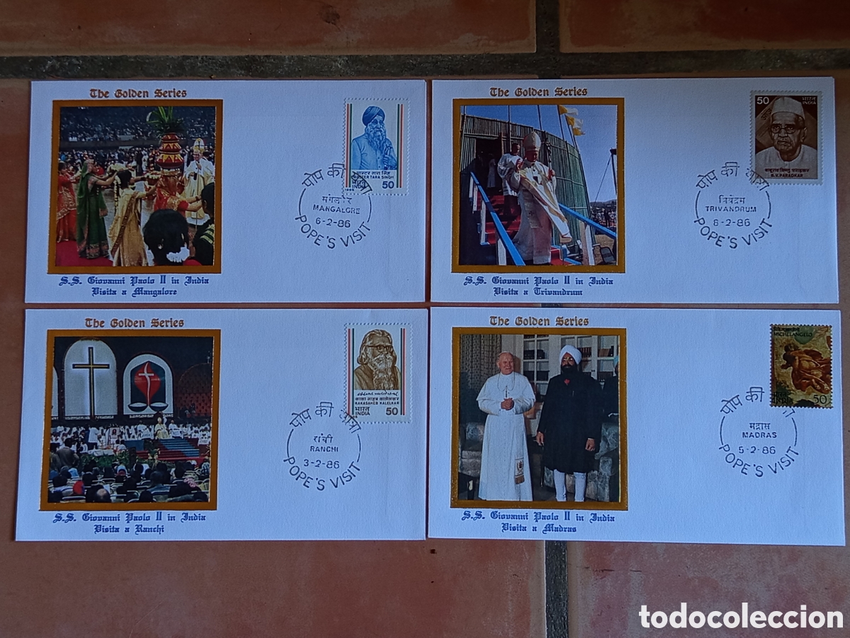 Timbres: Lote 4 Sobres Primer D&iacute;a FDC Papa Juan Pablo II Visita India 1986 &rdquo;Golden Series&rdquo;