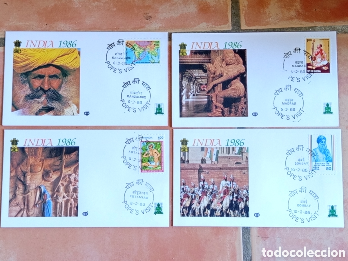 Timbres: Lote 4 Sobres Primer D&iacute;a FDC Papa Juan Pablo II Visita India 1986 &rdquo;India 1986&rdquo;