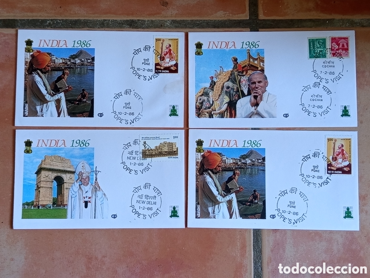 Timbres: Lote 4 Sobres Primer D&iacute;a FDC Papa Juan Pablo II India 1986 (Nueva Delhi, Pune)