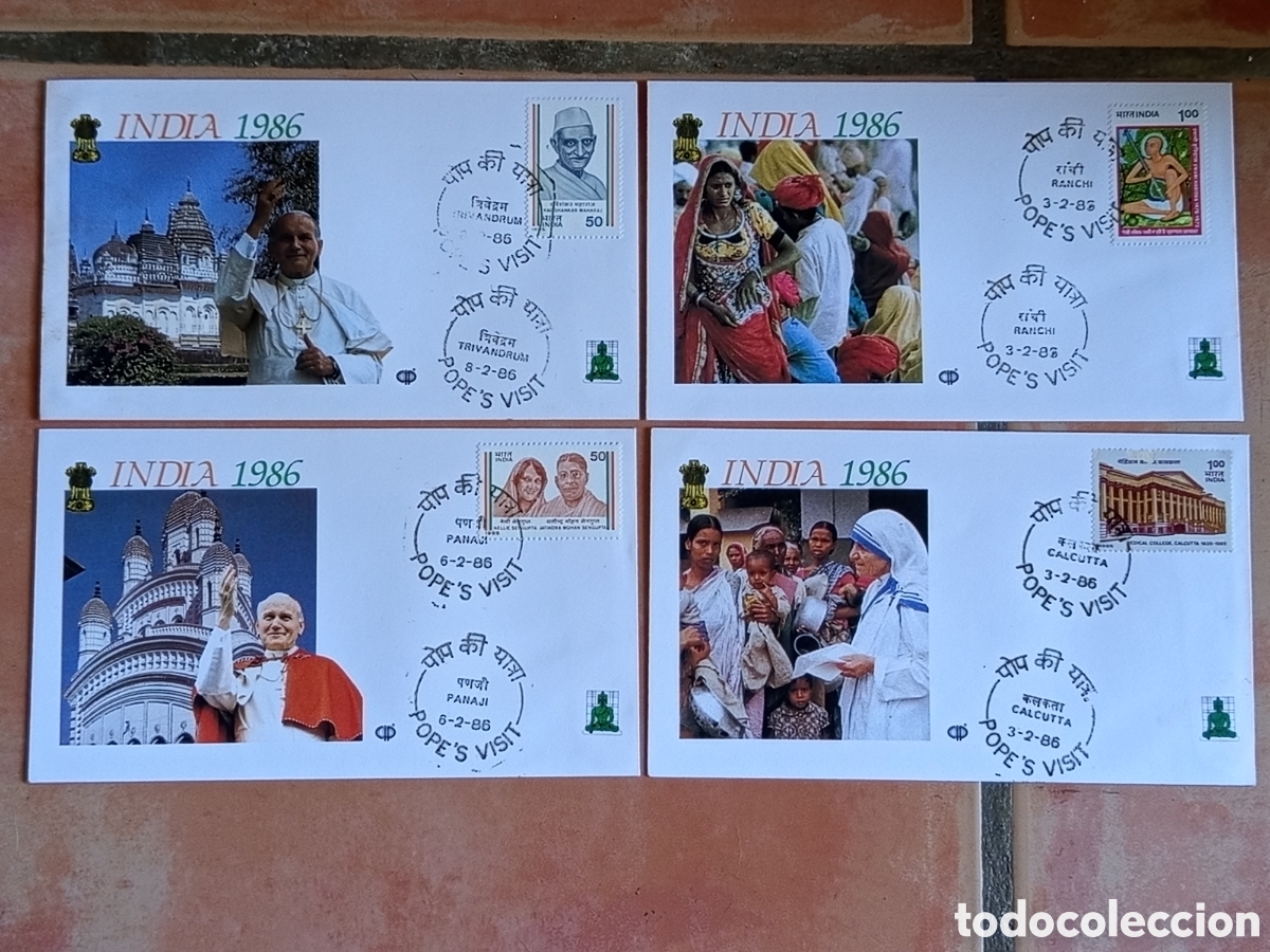 Sellos: Lote 4 Sobres Primer D&iacute;a FDC Papa Juan Pablo II India 1986 (Madre Teresa, Panaji)