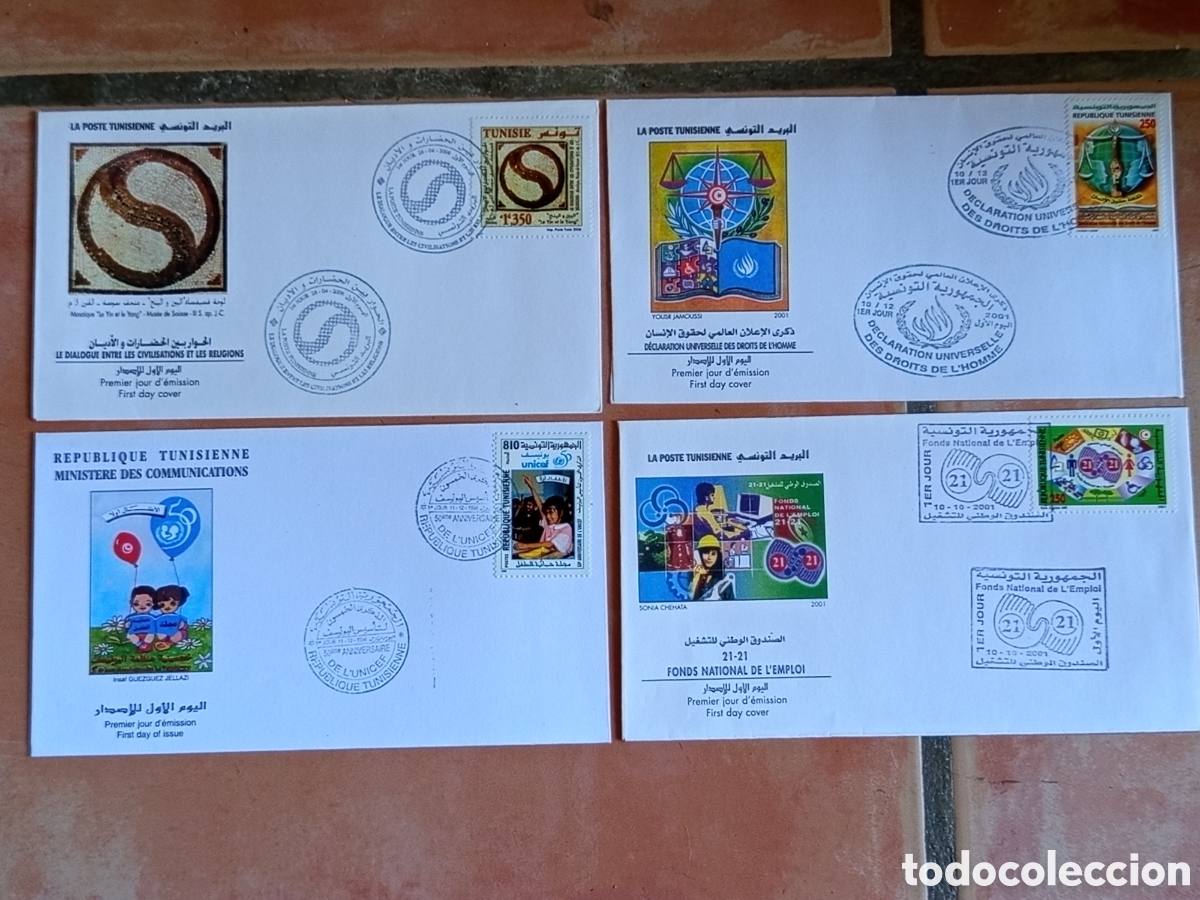Sellos: Lote 4 Sobres Primer D&iacute;a FDC T&uacute;nez 1996-2006 (UNICEF, Derechos Humanos)