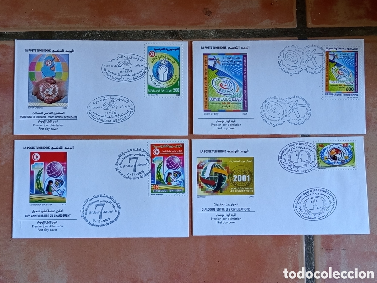 Sellos: Lote 4 Sobres Primer D&iacute;a FDC T&uacute;nez 2001-2005 (Cumbre Informaci&oacute;n, Solidaridad)
