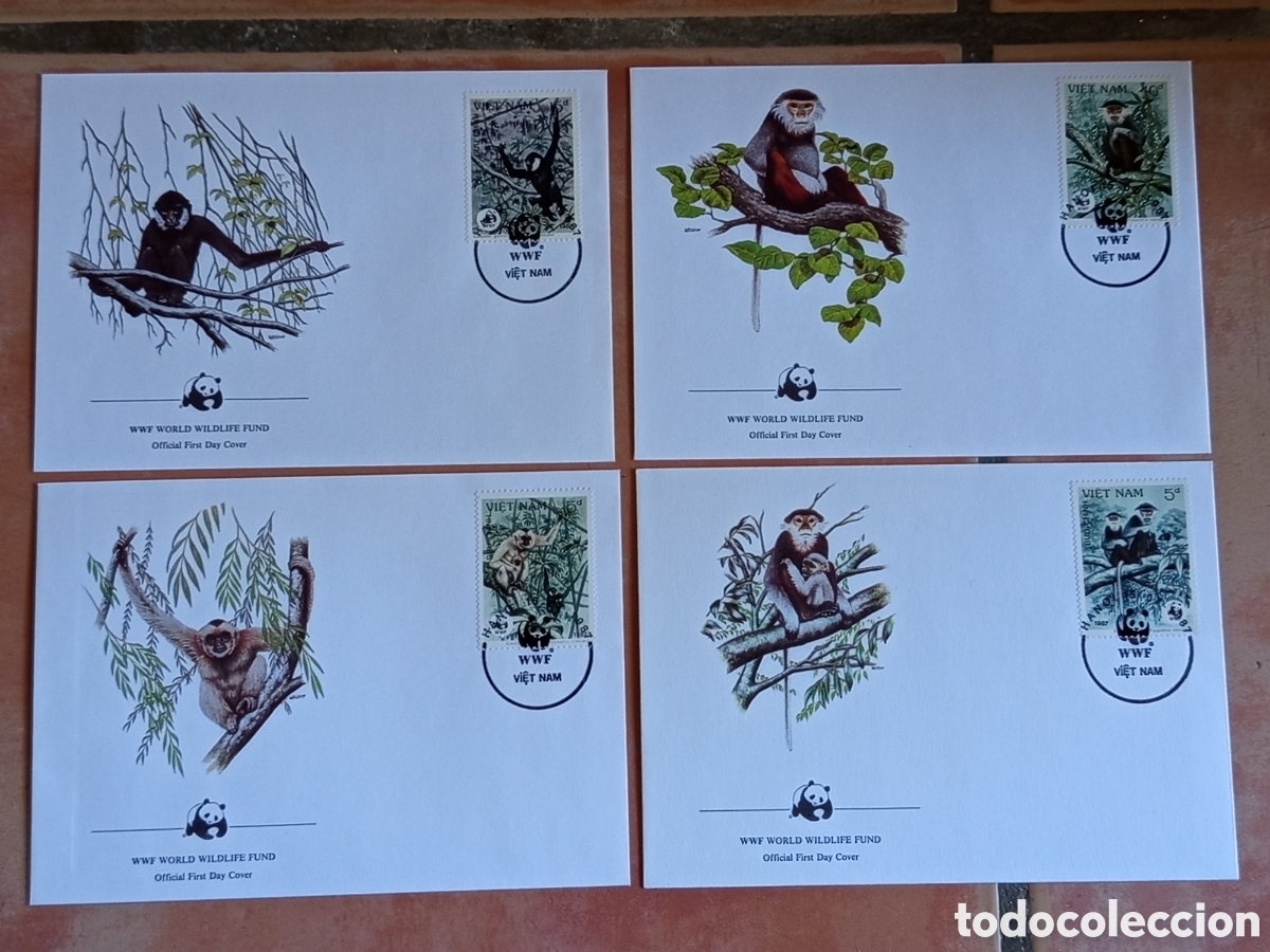 Sellos: Serie Sobres Primer D&iacute;a FDC WWF Vietnam 1987 (Monos y Greeted Gibbons)