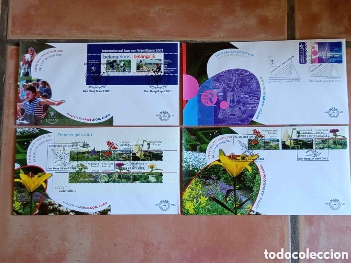 Sellos: Lote 4 Sobres Primer D&iacute;a FDC Pa&iacute;ses Bajos A&ntilde;o 2001 Cat&aacute;logo NVPH 432 a 435