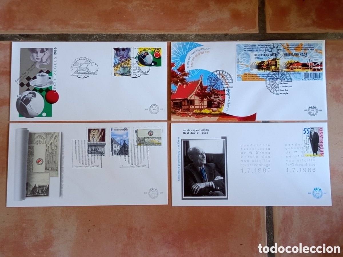 Sellos: Lote 4 Sobres Primer D&iacute;a FDC Pa&iacute;ses Bajos 1986-2001 Cat&aacute;logo NVPH 227 a 230, 444