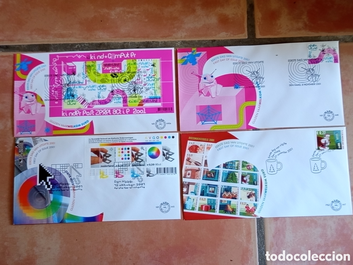 Sellos: Lote 4 Sobres Primer D&iacute;a FDC Pa&iacute;ses Bajos A&ntilde;o 2001 Cat&aacute;logo NVPH 445 a 447