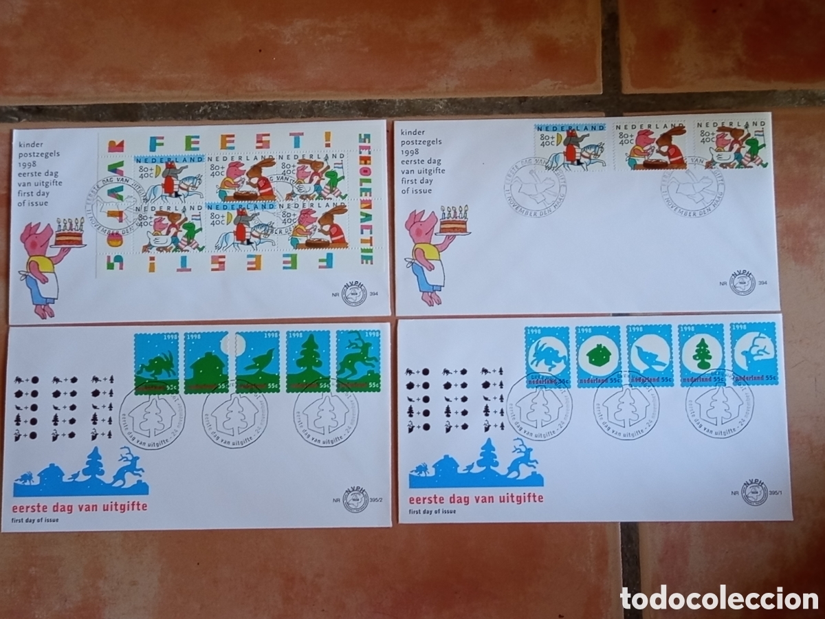 Sellos: Lote 4 Sobres Primer D&iacute;a FDC Pa&iacute;ses Bajos 1998 NVPH 394 395