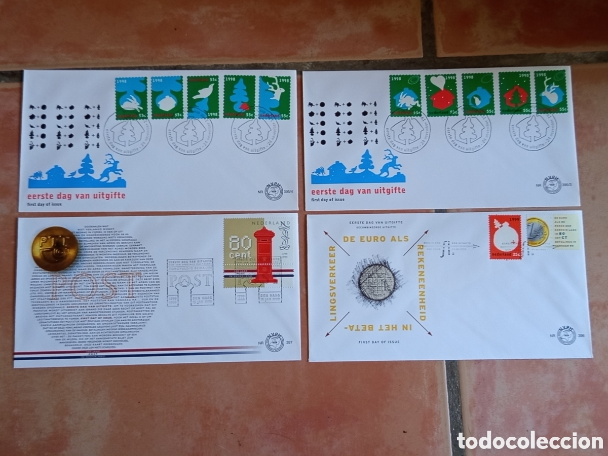 Sellos: Lote 4 Sobres Primer D&iacute;a FDC Pa&iacute;ses Bajos NVPH 395 397 398