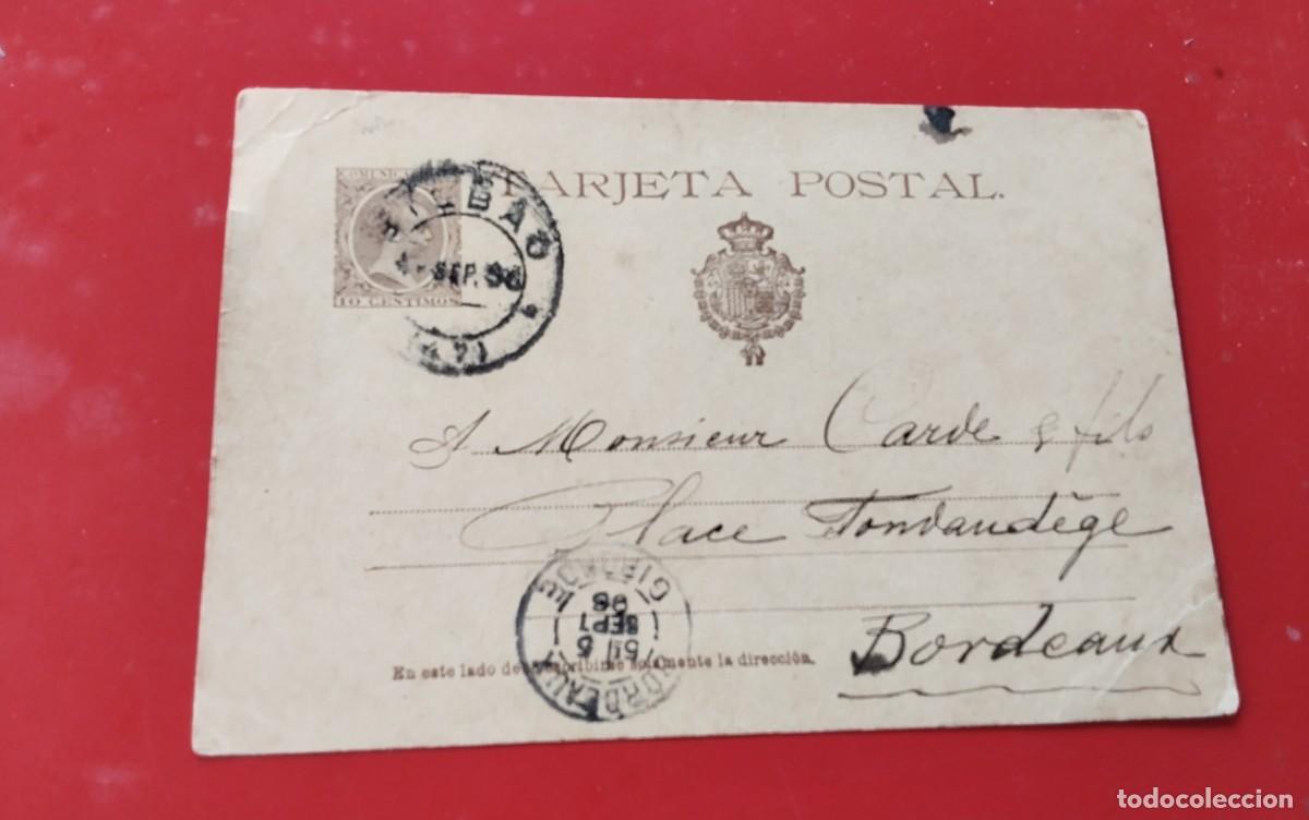 Sellos: ENTERO POSTAL EDIFIL N&ordm; 27 , CIRCULADO DE BILBAO A BORDEAUX 1896