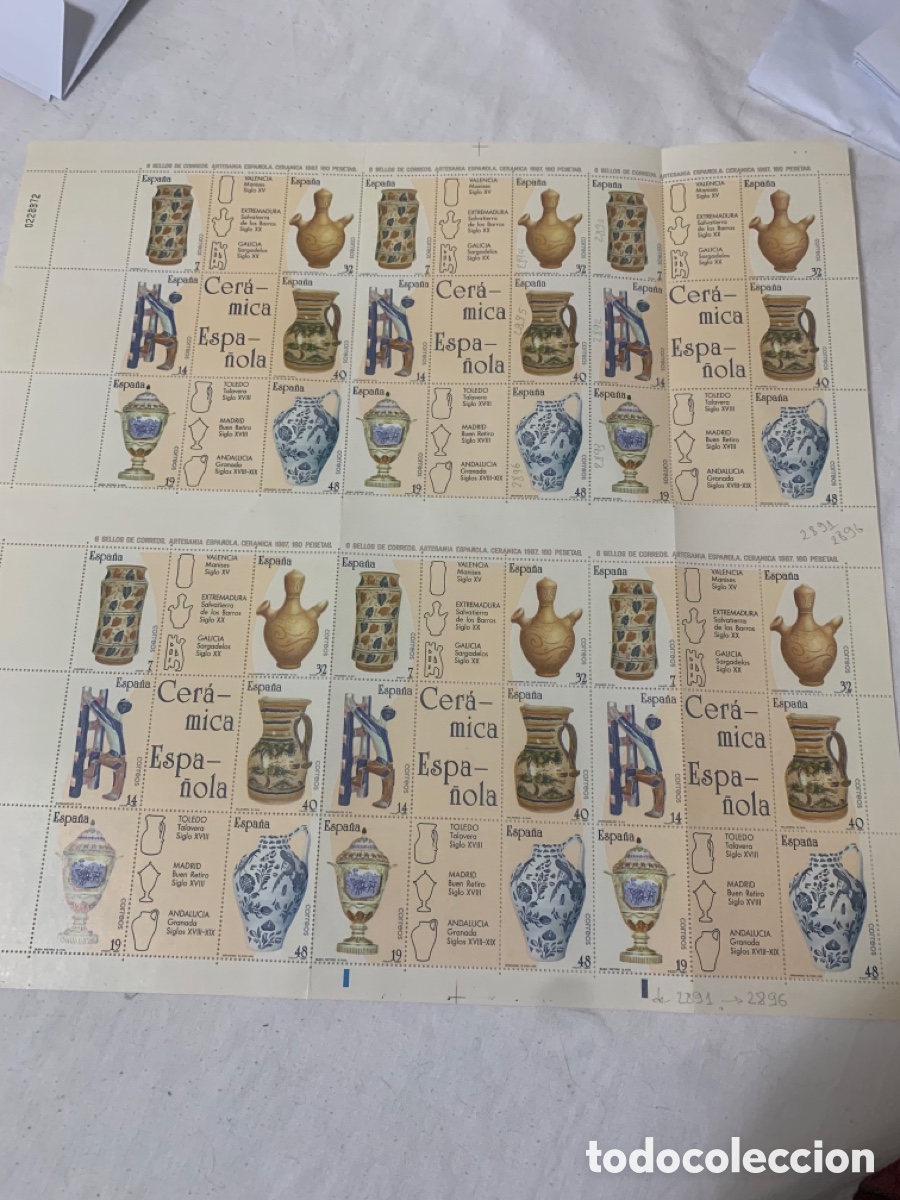 Sellos: ESPA&Ntilde;A 1987 &ndash; ARTESAN&Iacute;A ESPA&Ntilde;OLA CER&Aacute;MICA &ndash; EDIFIL 2891/2896 &ndash; HOJA 36 SELLOS