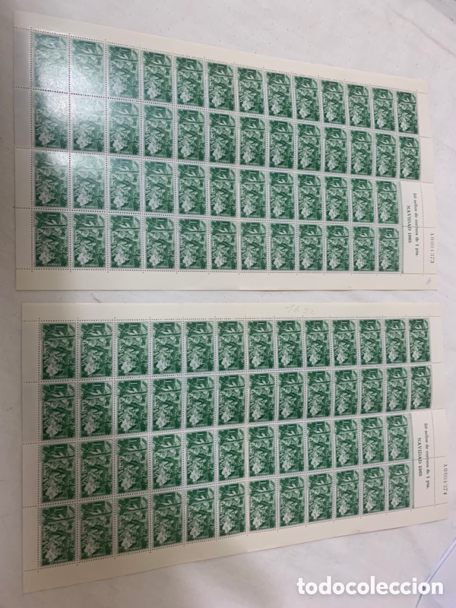 Sellos: ESPA&Ntilde;A 1965 NAVIDAD &ndash; 2 PLIEGOS COMPLETOS 100 SELLOS &ndash; NUMERACI&Oacute;N CONSECUTIVA
