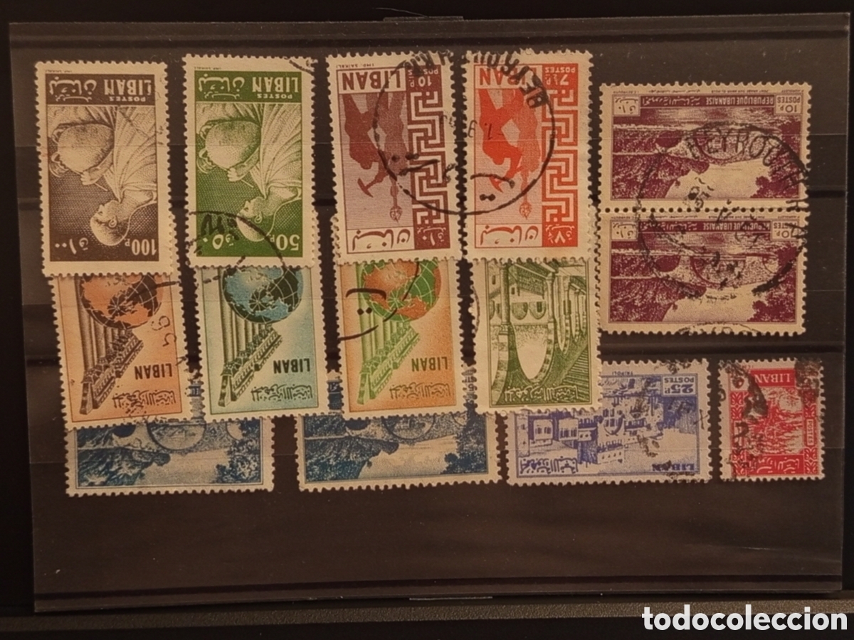 Sellos: Tarjeta con 15 Sellos Antiguos de L&iacute;bano, &Eacute;poca de 1950 a 1970