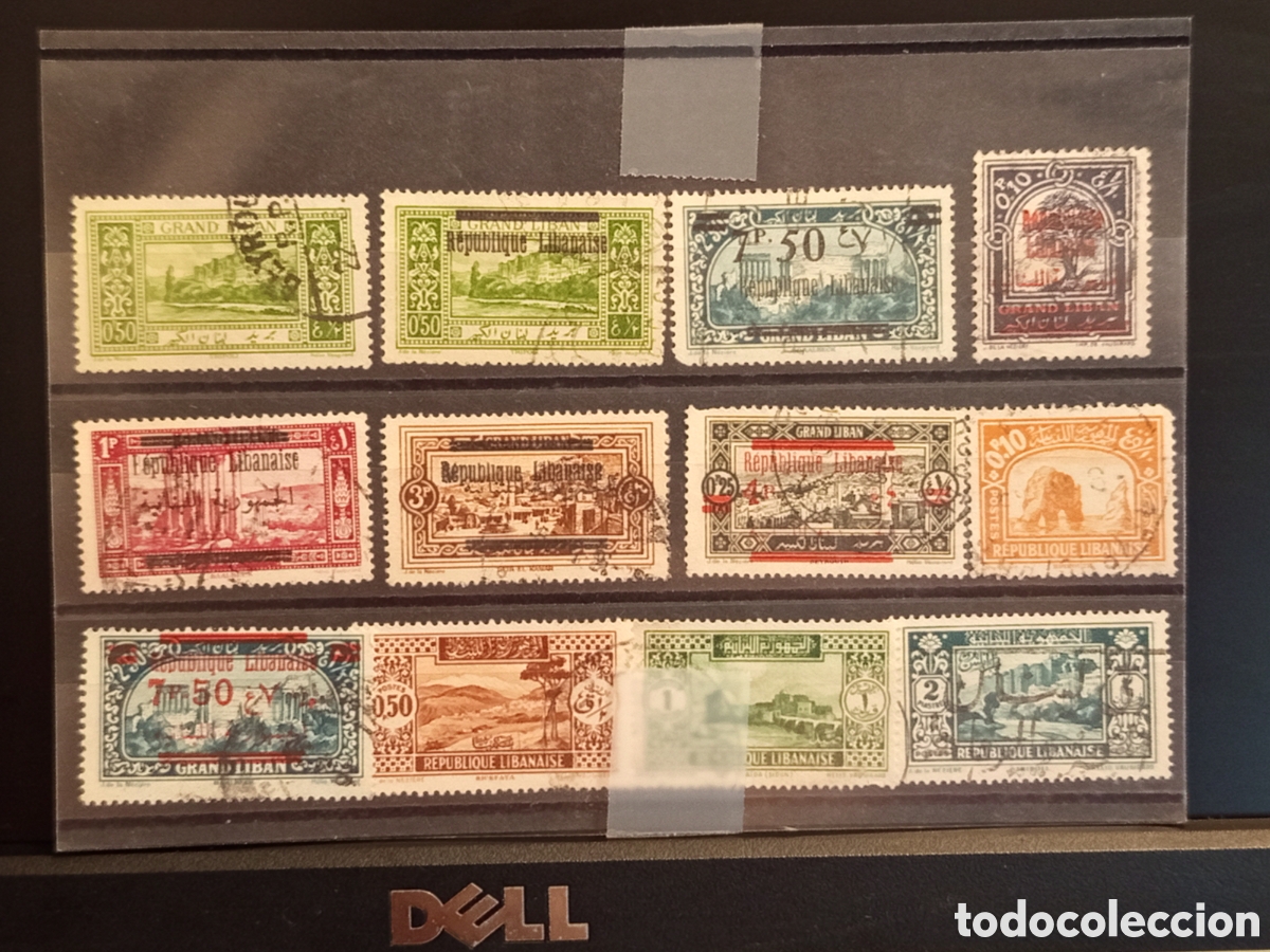 Sellos: Tarjeta con 12 Sellos Antiguos Gran L&iacute;bano , &Eacute;poca de 1924 a 1940