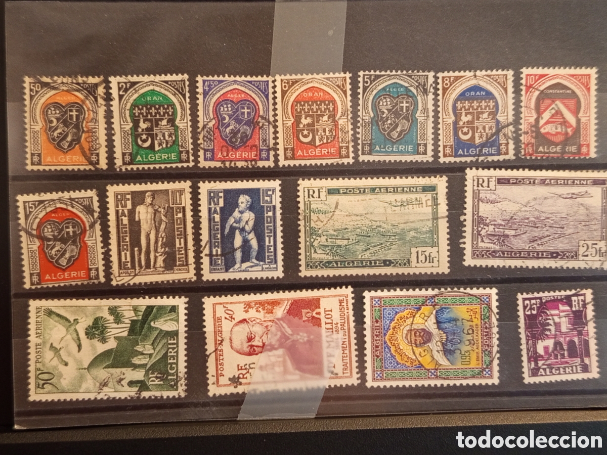 Sellos: Tarjeta con 16 Sellos Antiguos de Argelia Colonial, &Eacute;poca 1930 a 1955