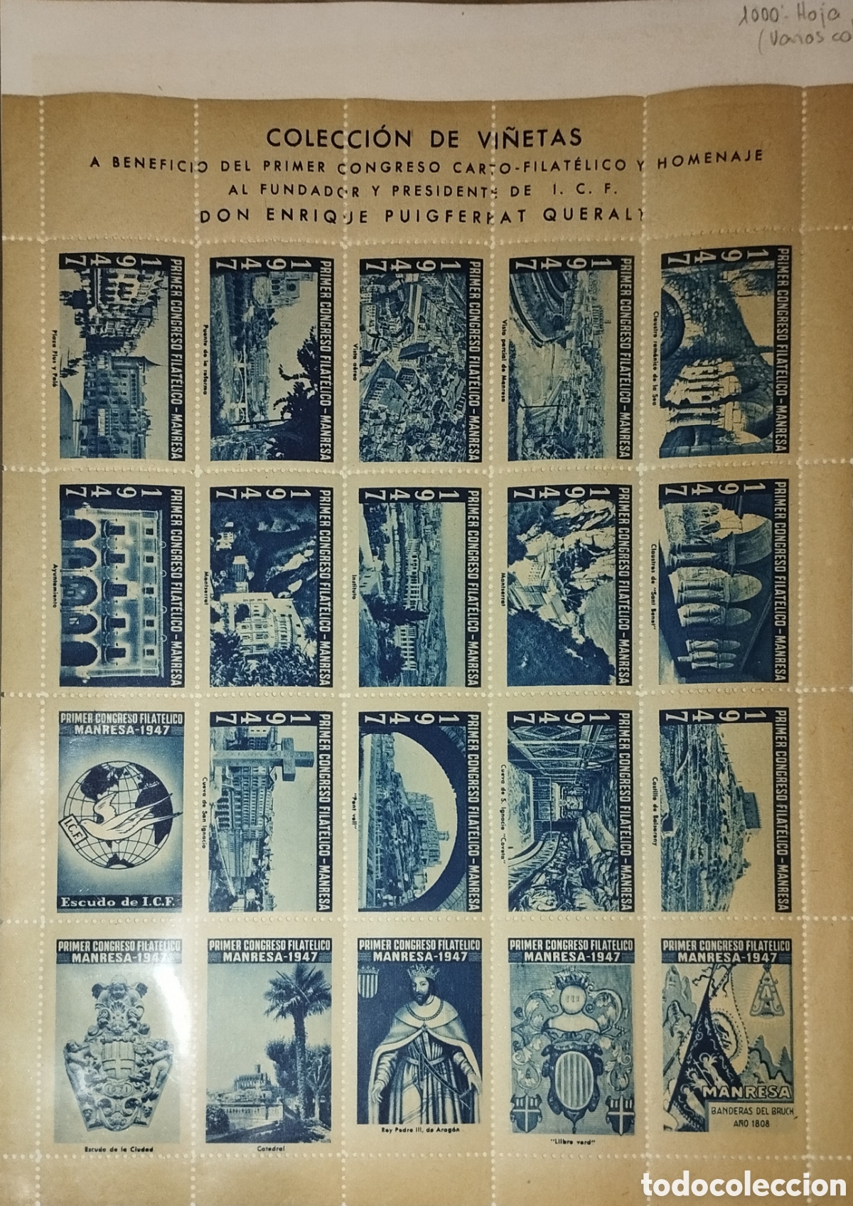 Sellos: Pliego Completo 20 Vi&ntilde;etas Primer Congreso Carto-Filat&eacute;lico Manresa 1947 - Azul