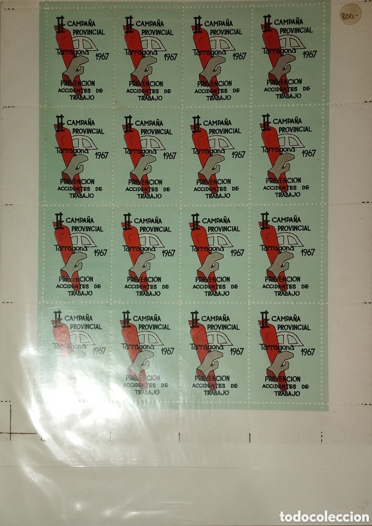 Sellos: Hoja Bloque 16 Vi&ntilde;etas Prevenci&oacute;n Accidentes Trabajo Tarragona 1967. Ephemera.