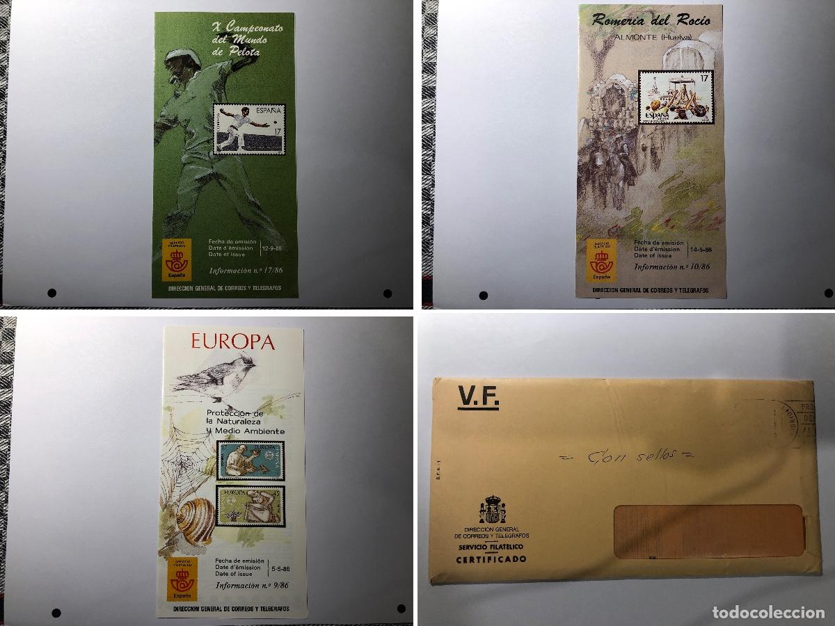 Sellos: Sobre con 3 folletos / d&iacute;pticos informativos y 4 sellos Servicio Filat&eacute;lico de Correos Espa&ntilde;a 1986