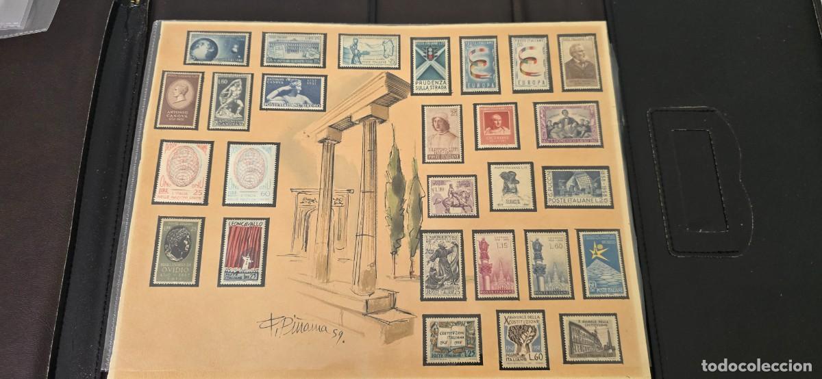 Sellos: Hoja decorativa con 27 sellos de Italia 1956-1958 + dibujo original a tinta y acuarela
