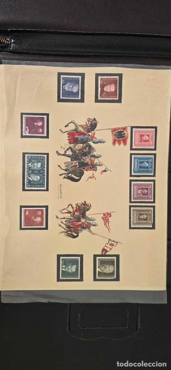 Sellos: Hoja con 11 sellos de Liechtenstein 1942-1943 + pintura original de caballeros medievales