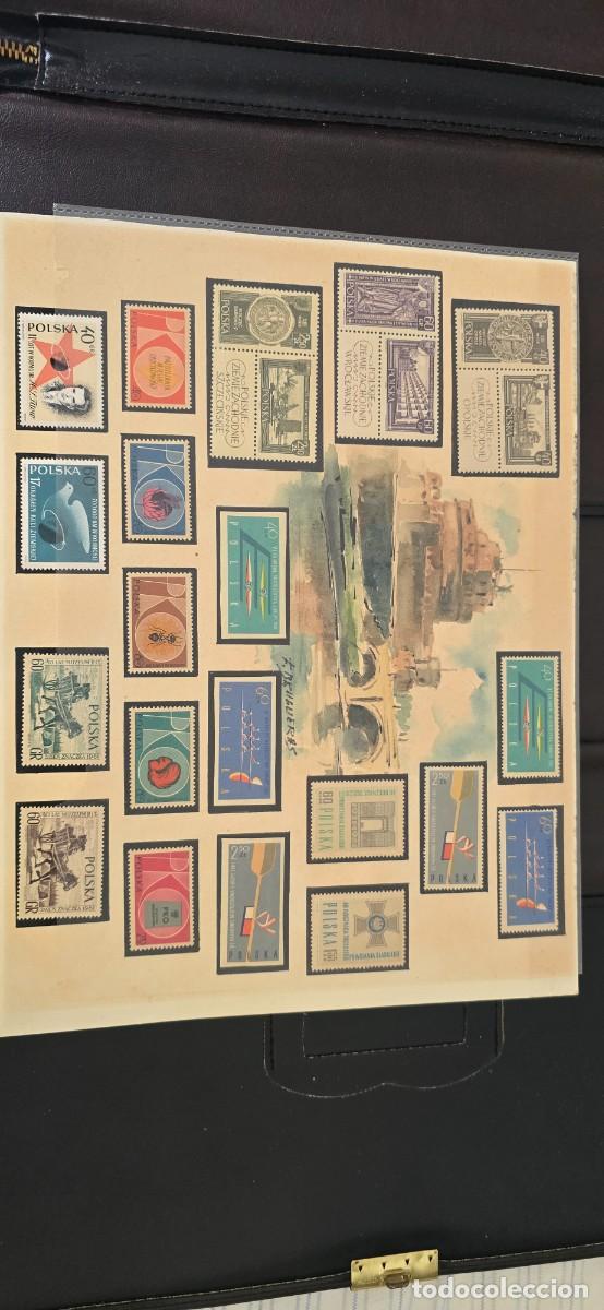 Sellos: Hoja decorativa con 20 sellos de Polonia 1960-1961 + acuarela original firmada