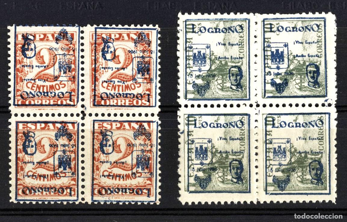Sellos: T&iacute;tulo del anuncio: Guerra Civil Logro&ntilde;o 1936 - Bloque de 4 SOBRECARGA INVERTIDA MNH ** + Bloque Cid
