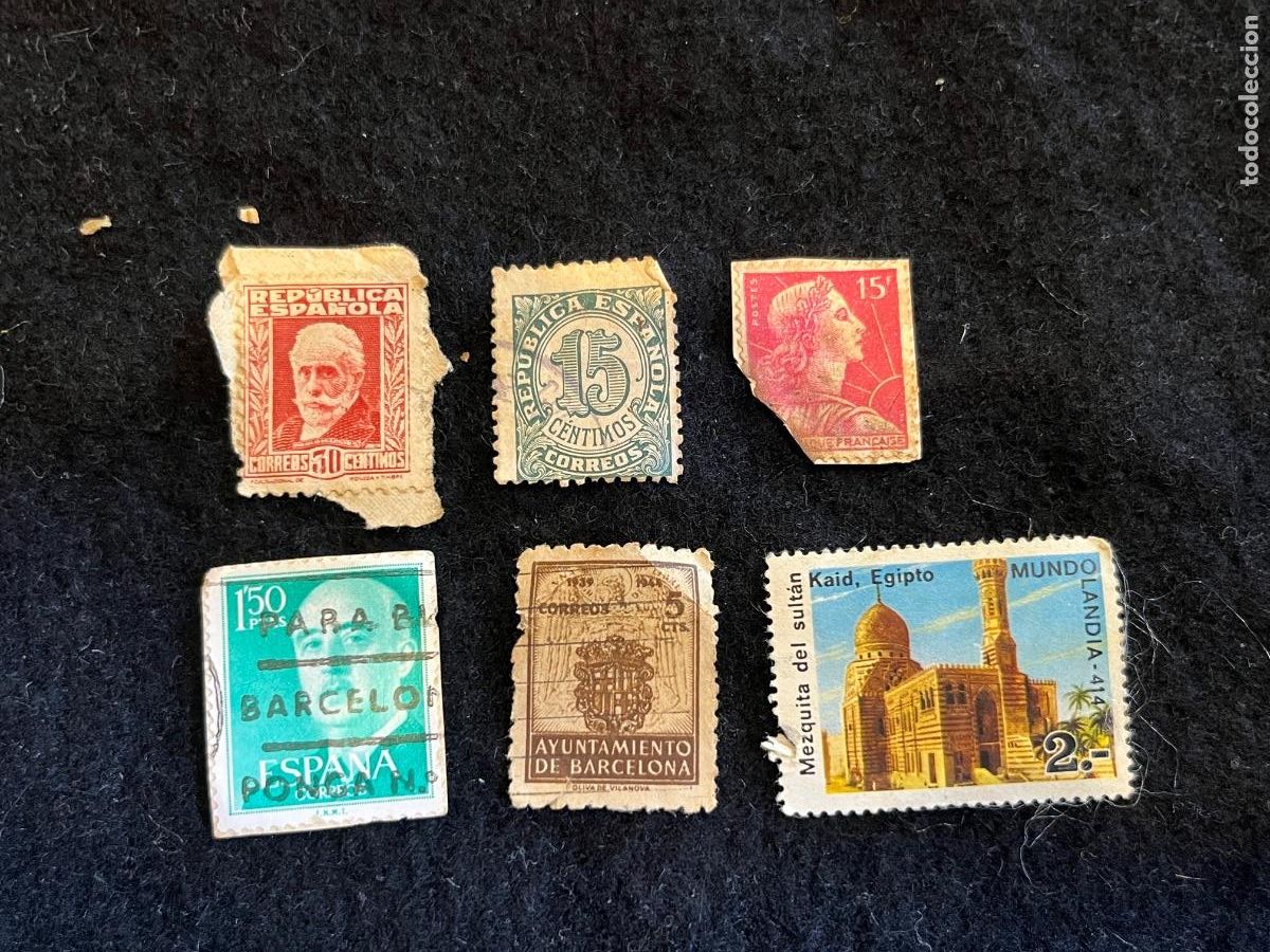 Sellos: Lote de 6 sellos antiguos Espa&ntilde;a, Rep&uacute;blica, Ayuntamiento de Barcelona, Francia y Egipto &ndash; Para clas