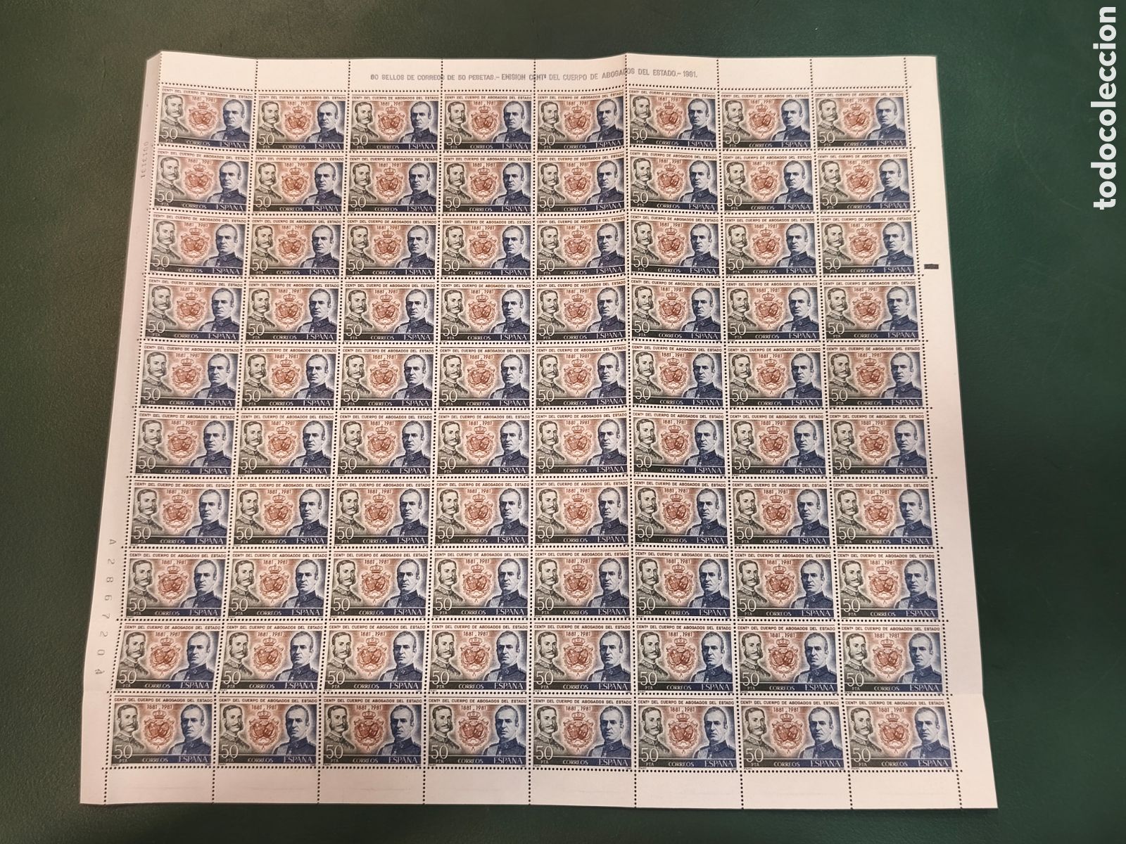 Sellos: Espa&ntilde;a 1981 &ndash; Pliego completo de 80 sellos de 50 pesetas &ndash; Centenario del Cuerpo de Abogados