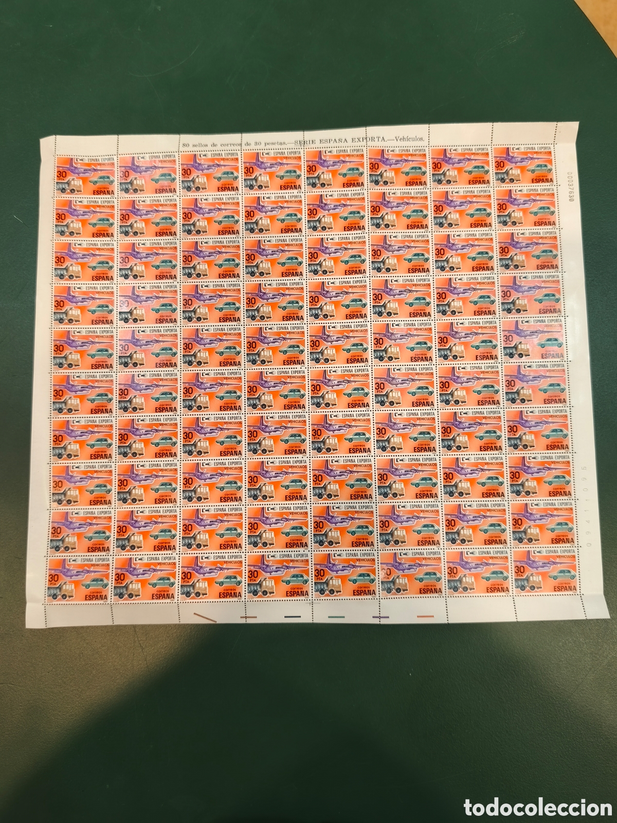 Sellos: Espa&ntilde;a 1981 &ndash; Pliego completo de 80 sellos de 30 pesetas &ndash; Espa&ntilde;a Exporta, Veh&iacute;culos &ndash; Sin circular