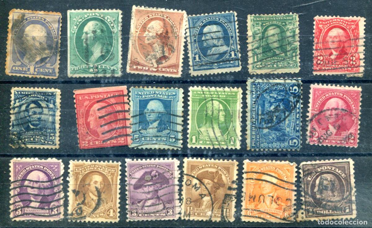 Sellos: 18 sellos diferentes de Estados Unidos. Matasellados. Muy antiguos.