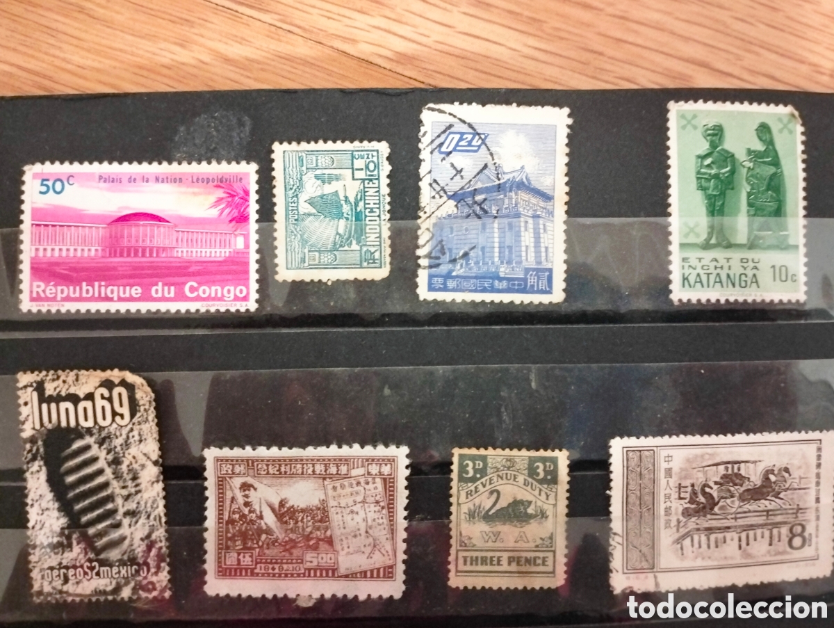 Sellos: Lote 8 sellos ex&oacute;ticos Katanga Congo Luna 69 M&eacute;xico China 1949 Indochina Australia fiscal