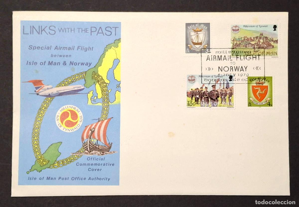 Briefmarken: Sobre con 4 sellos de Isla de Man y Noruega