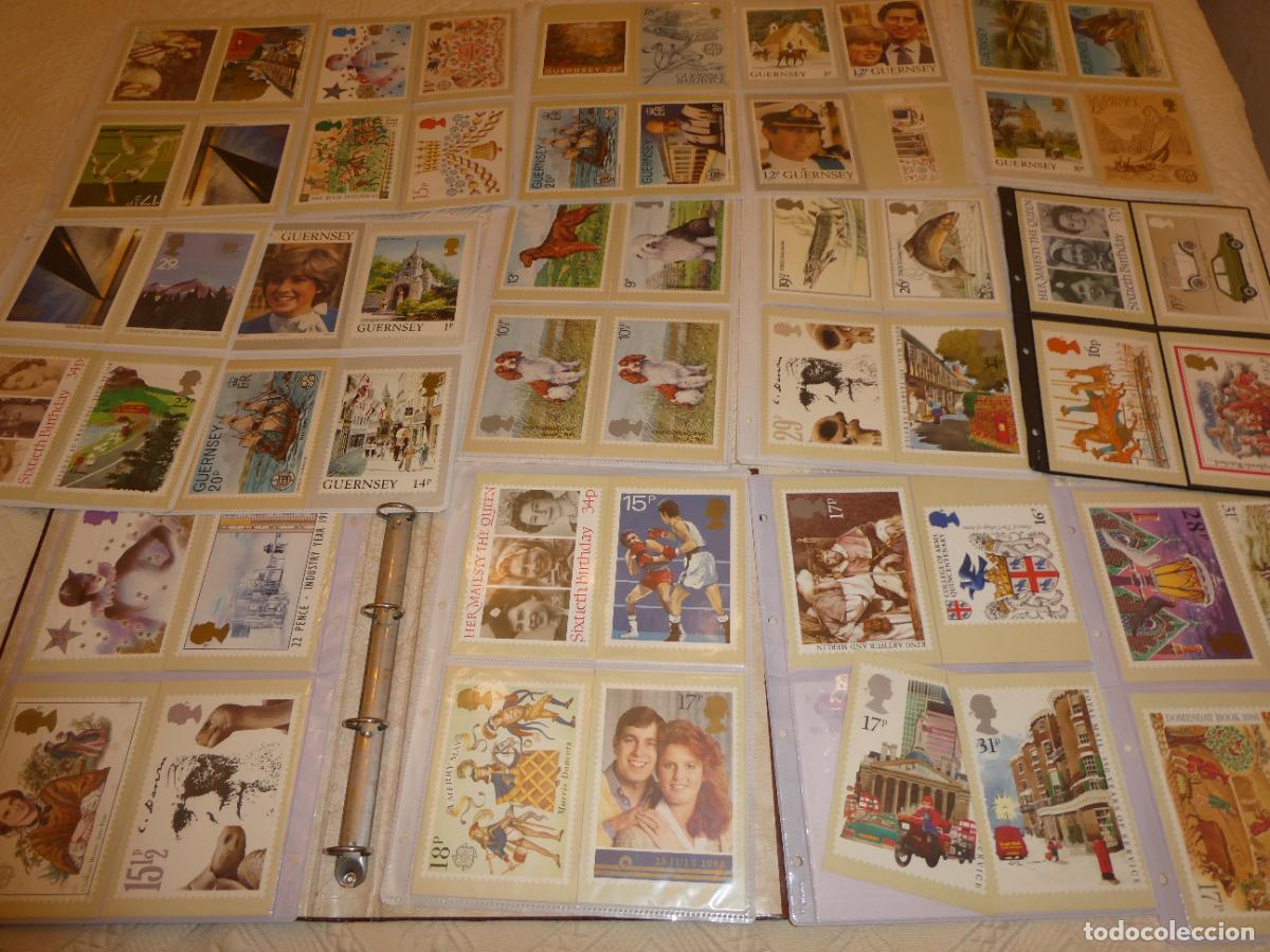 Sellos: &Aacute;LBUM LOTE COLECCI&Oacute;N 112 POSTALES FILAT&Eacute;LICAS SELLOS PRIMER D&Iacute;A INGLATERRA GUERNSEY A&Ntilde;OS 80. 1,2KG
