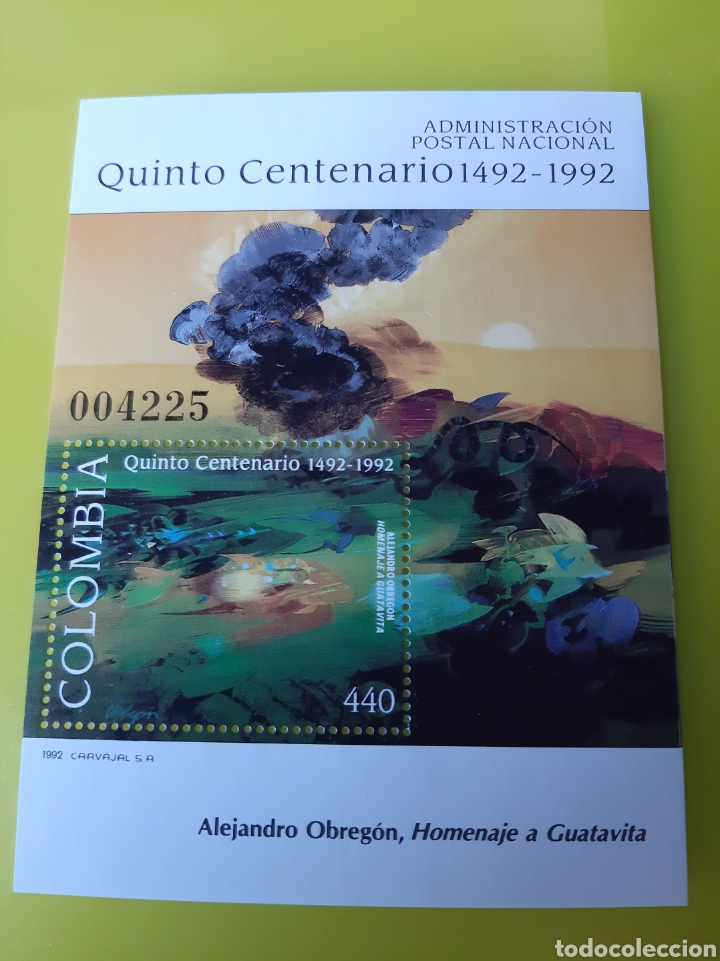 ARTE COLOMBIA CENTENARIO CORREOS ADMINISTRACIÓN HOJA BLOQUE NUEVO 1992 (Sellos - Extranjero - América - Colombia)