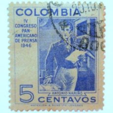 Sellos: SELLO POSTAL COLOMBIA 1947 5 C ANTONIO NARIÑO , IV CONGRESO PAN-AMERICANO DE PRENSA ,CONMEMORATIVO