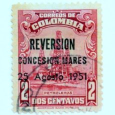 Sellos: SELLO POSTAL COLOMBIA 1951 2 C INDUSTRIA PETROLERA ,OVPT REVERSION CONCESION MARES - CONMEMORATIVO