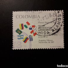 Sellos: COLOMBIA YVERT A-771 SERIE COMPLETA USADA 1987 BANDERAS REUNIÓN DE PRESIDENTES, PEDIDO MÍNIMO 3€