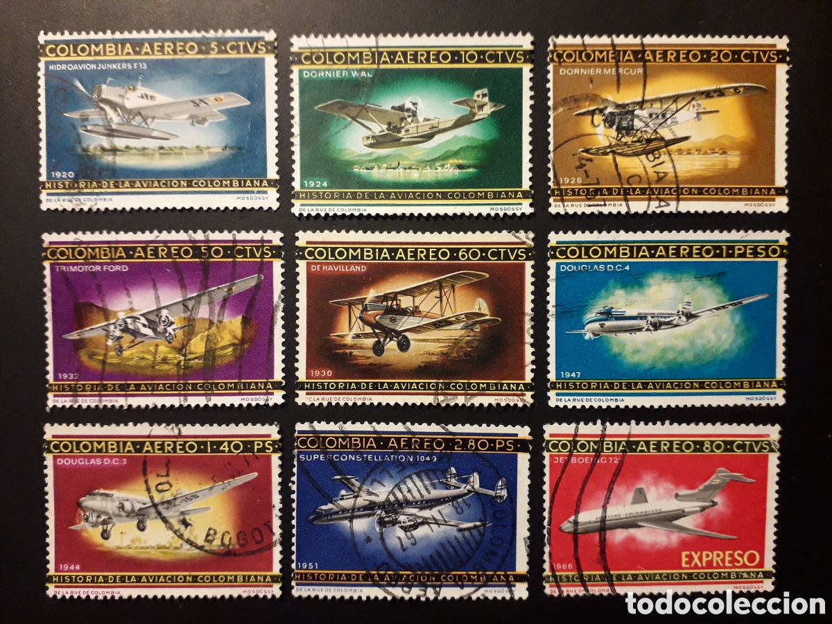 Selos: COLOMBIA YVERT A-451/60 SIN EL 459 SERIE CORTA USADA 1965-66 AVIONES, AVIACIÓN PEDIDO MÍNIMO 3€